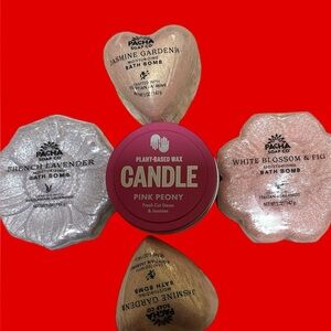 Pink Plant Wax Based Peony Candle & Pacha Handmade Assorted Bath Bombs Set.